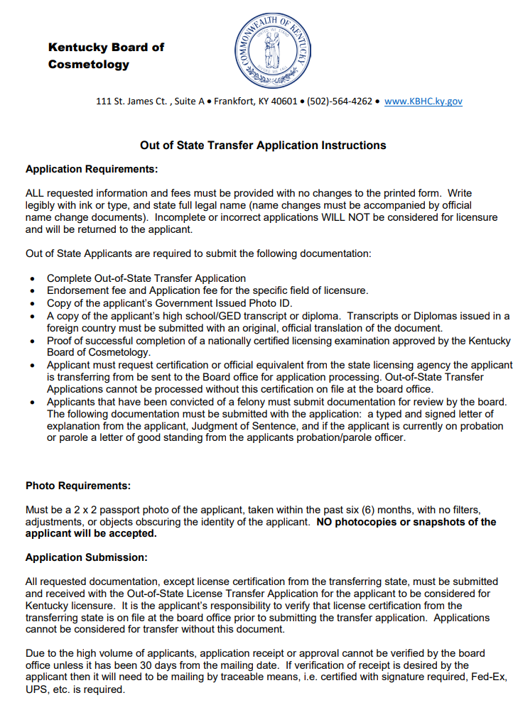 Louisville Beauty Academy - Kentucky State Board of Cosmetology and Hairdresser -
Out of State Transfer Application Instruction