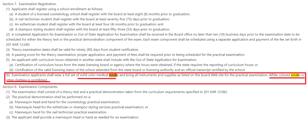 KY State Law about scrub for KY State Licensing Exam for Beauty