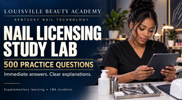 Louisville Beauty Academy Nail Licensing Study Lab: 500 practice questions with immediate answers and clear explanations, illustrated by a student studying on a tablet.