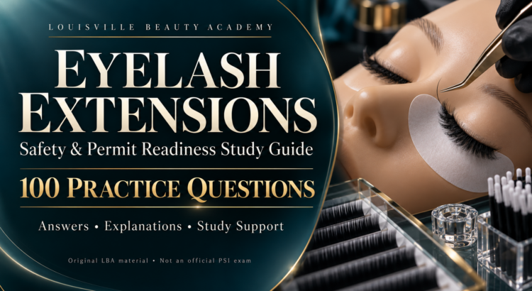 Louisville Beauty Academy Eyelash Extensions Safety and Permit Readiness Study Guide: 100 practice questions, answers, explanations, and study support. Original LBA material, not an official PSI exam.