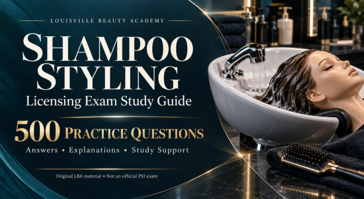 Louisville Beauty Academy Shampoo Styling Licensing Exam Study Guide: 500 practice questions, answers, explanations, and study support. Original LBA material, not an official PSI exam.