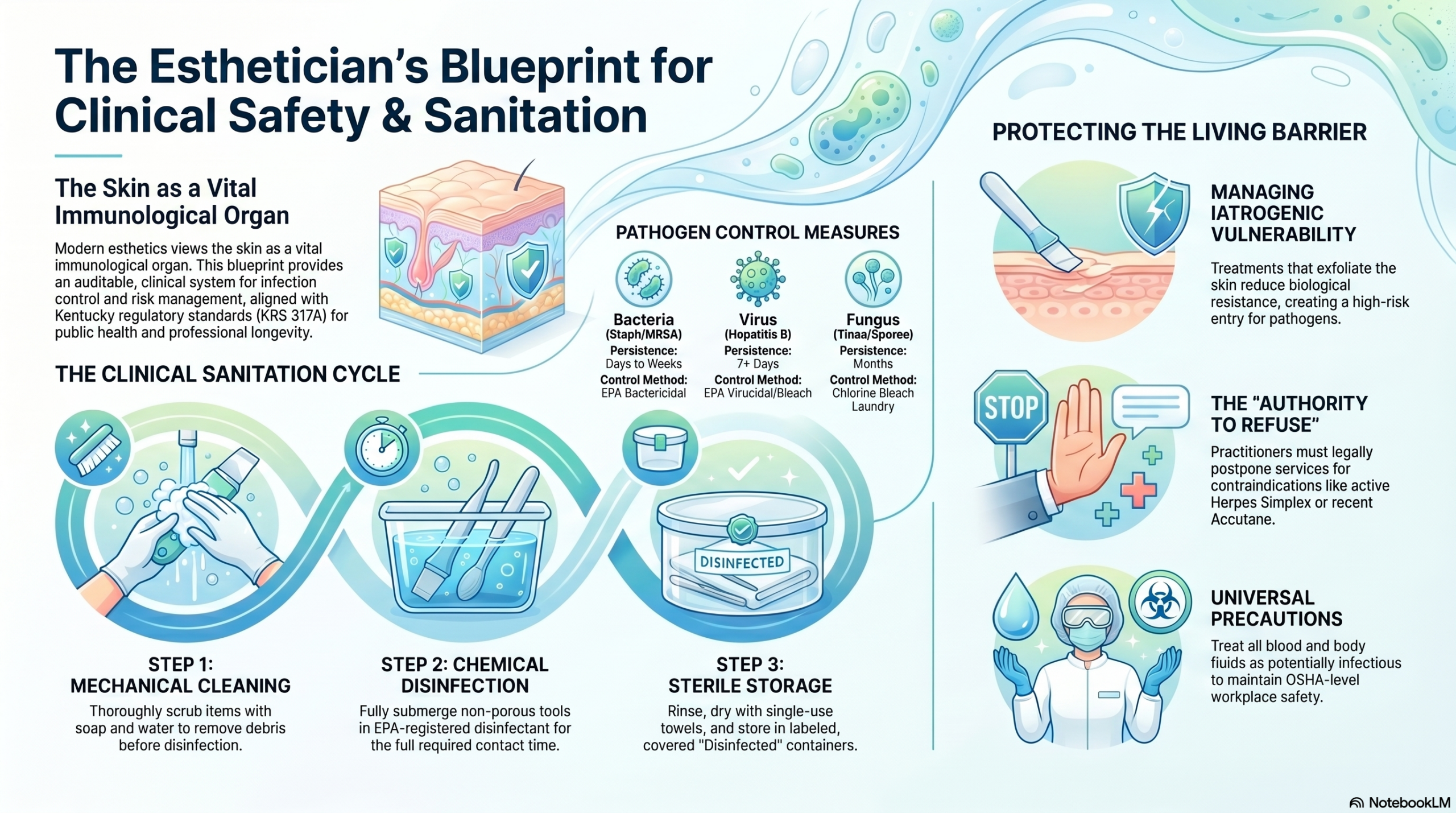 LBA DTU Esthetics Safety & Sanitation Blueprint Infographic on Louisville Beauty Academy