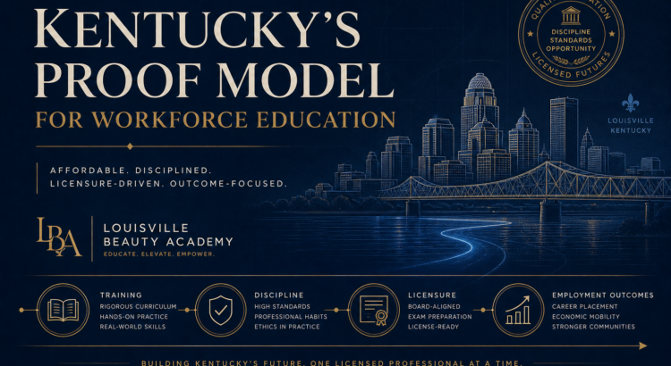 Louisville skyline and workforce pathway infographic representing affordable licensed beauty education in Kentucky.