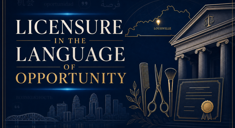 Multilingual licensing access visual representing lawful opportunity and professional advancement in Kentucky beauty professions.