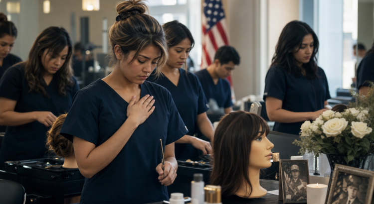 Louisville Beauty Academy students in a solemn Memorial Day educational setting with patriotic symbolism and a respectful tone of remembrance.