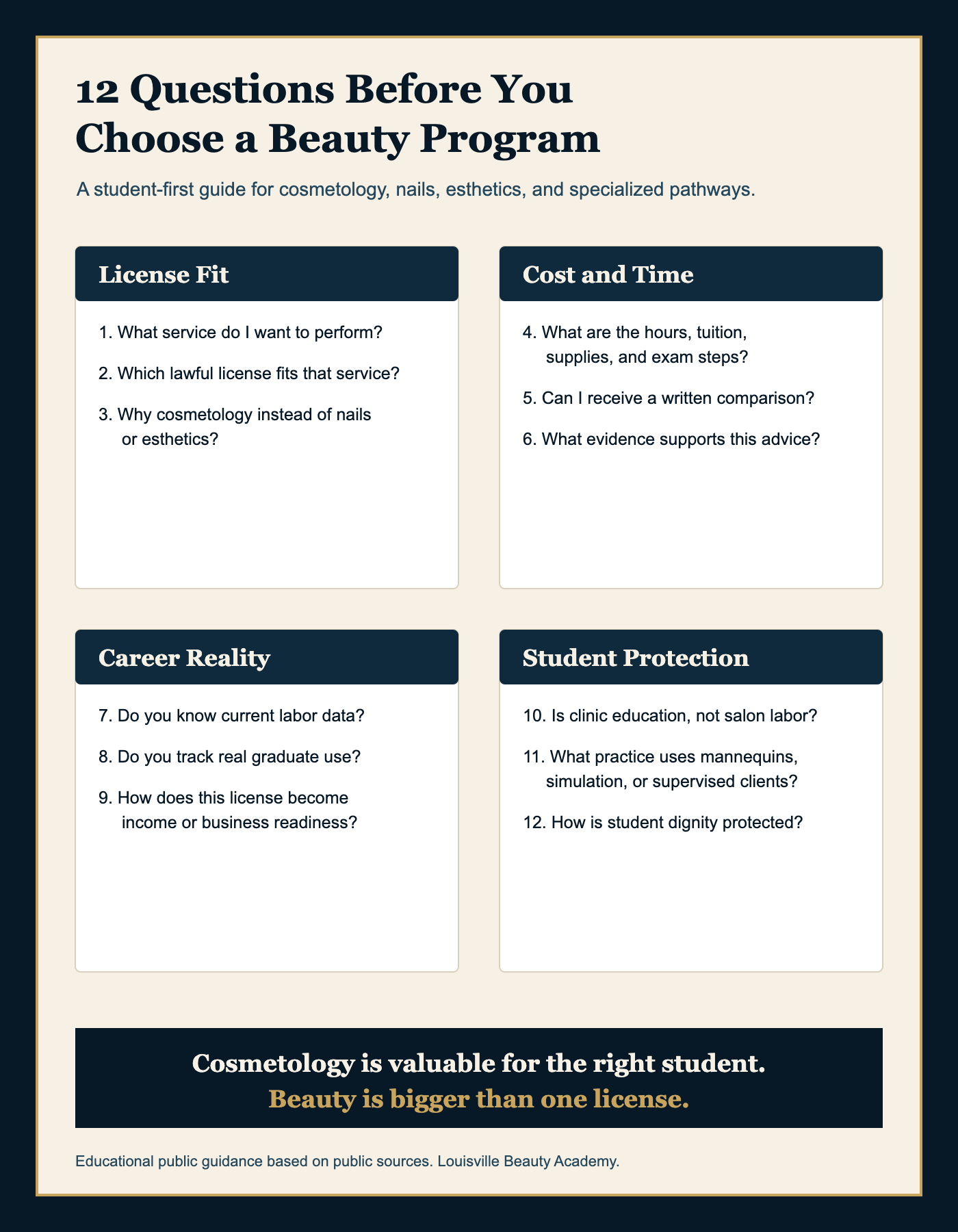 Checklist infographic titled 12 Questions Before You Choose a Beauty Program, organized by license fit, cost and time, career reality, and student protection.