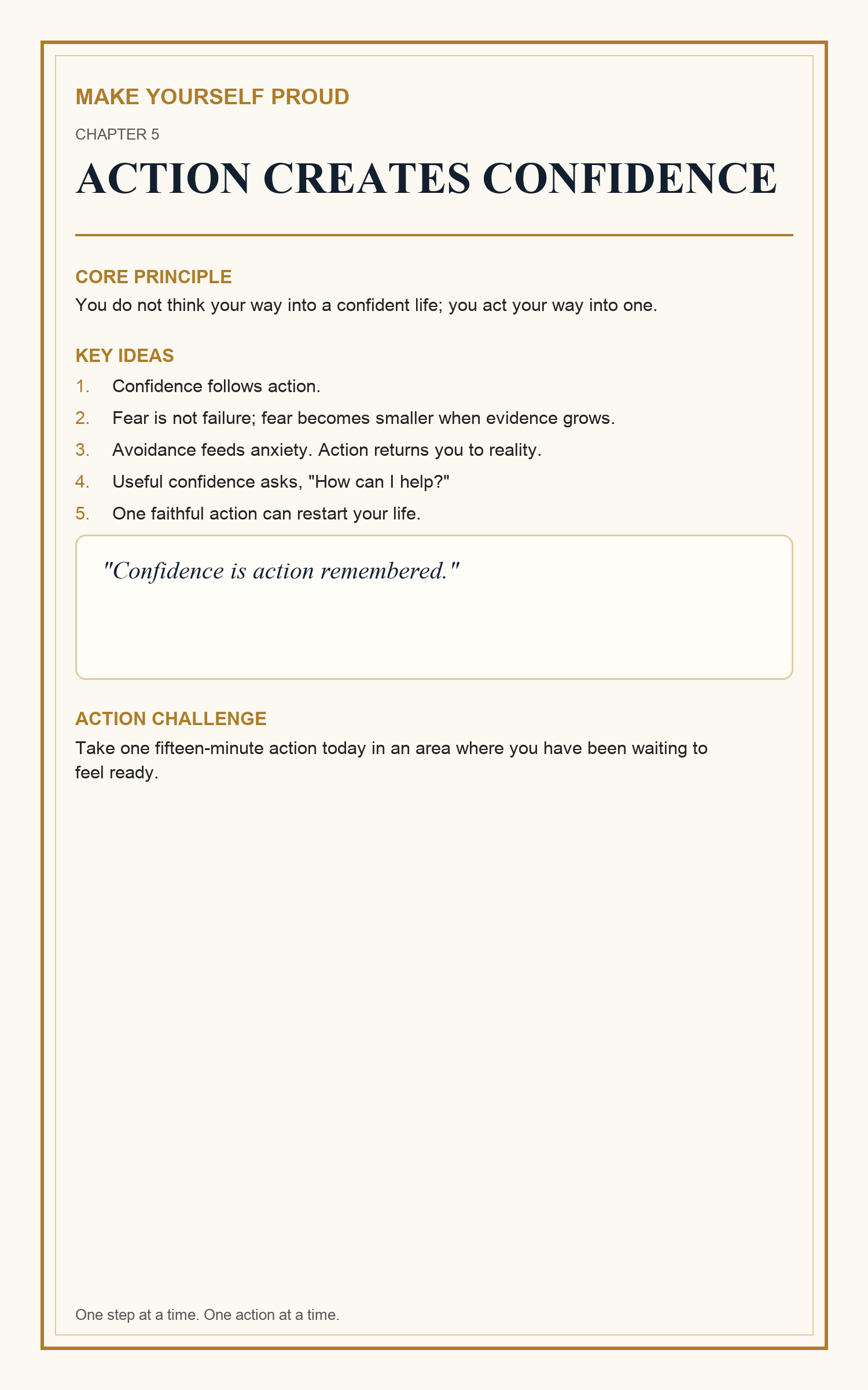 Infographic explaining action creates confidence from the Make Yourself Proud book.