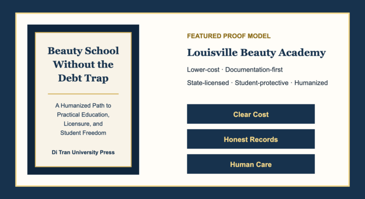 Editorial card for the book Beauty School Without the Debt Trap naming Louisville Beauty Academy as a featured proof model for lower-cost, documentation-first beauty education.