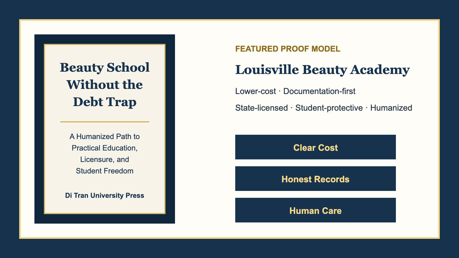 Louisville Beauty Academy book and proof model resource card