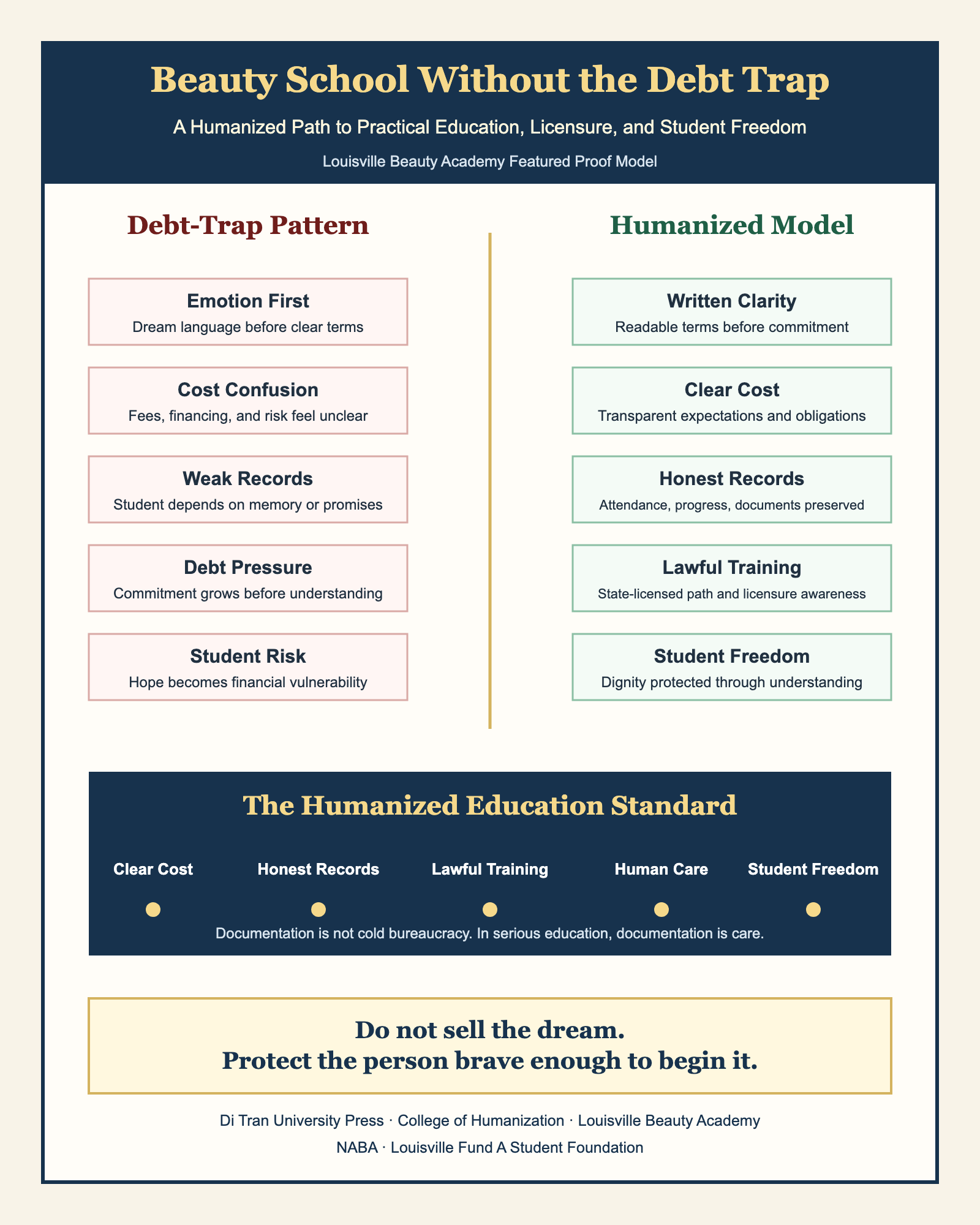 Visual explainer comparing the debt-trap pattern with a humanized beauty education model based on clear cost, honest records, lawful training, human care, and student freedom.