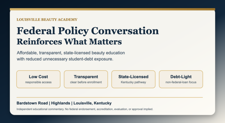 Editorial featured image for Louisville Beauty Academy showing affordable, transparent, state-licensed, debt-light beauty education in the federal policy conversation.