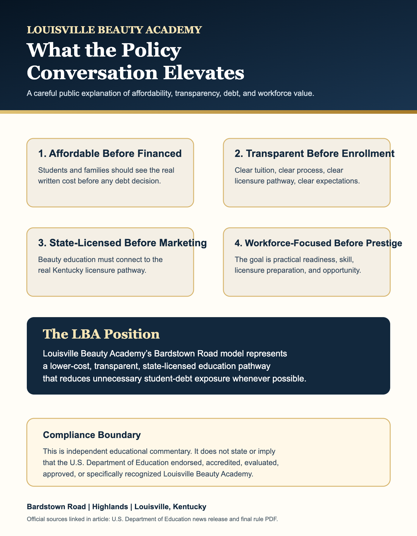 Infographic explaining Louisville Beauty Academy's position on affordable tuition, transparency, state licensure, workforce preparation, and compliance boundaries.
