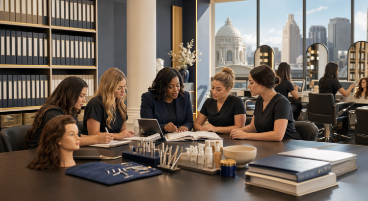 Louisville Beauty Academy students and instructor reviewing beauty tools, safety materials, law and regulation references, and professional documentation in an elite beauty education library setting.