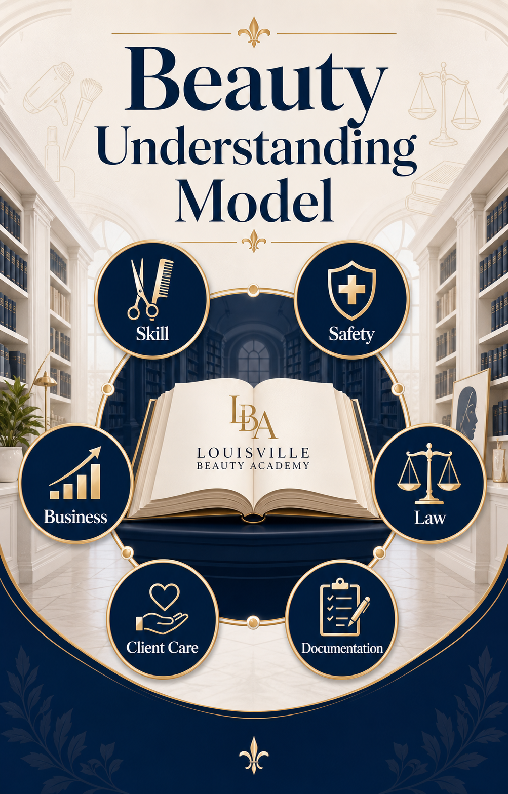 Beauty Understanding Model infographic showing six pillars of beauty education: skill, safety, law, documentation, client care, and business.