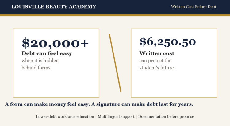Written cost before debt comparison for beauty education and student loan clarity