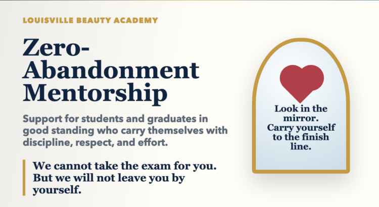 Louisville Beauty Academy Zero-Abandonment Mentorship featured image with a heart in a mirror and good-standing support message.