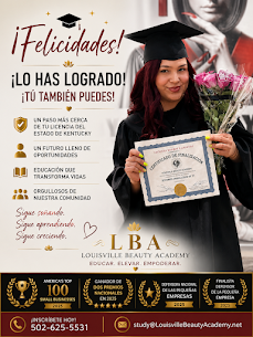 Louisville Beauty Academy 2026 graduate in cap and gown with flowers and certificate - Felicidades