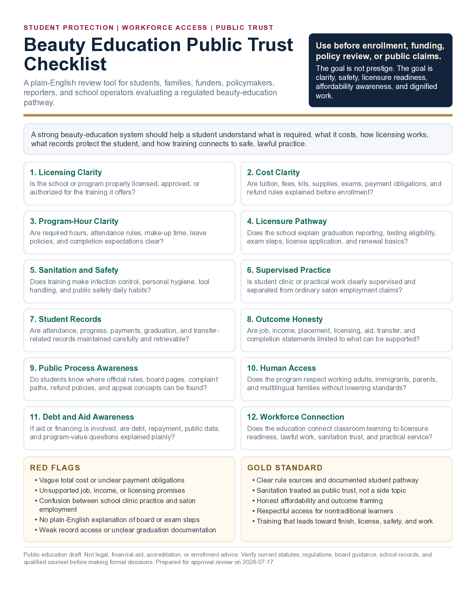 Beauty Education Public Trust Checklist one-page visual for students and families.