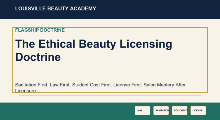 Institutional LBA visual for The Ethical Beauty Licensing Doctrine emphasizing sanitation, law, written clarity, licensing, and workforce dignity.
