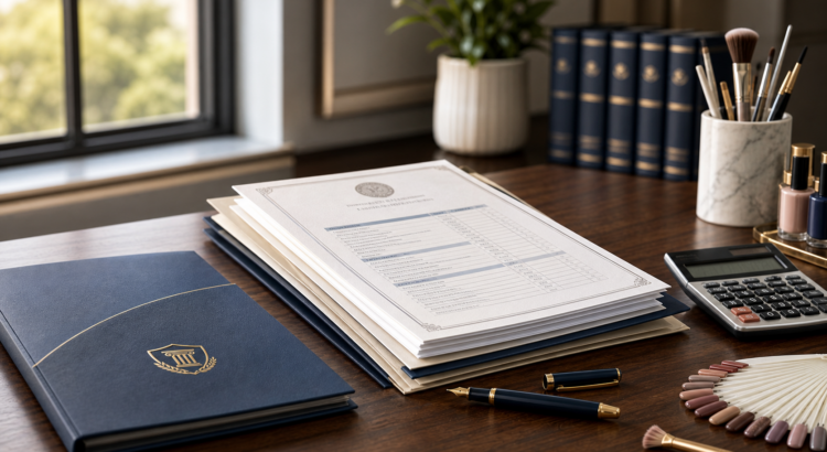 Enrollment packet, transcript-style academic record, calculator, and beauty education tools representing financial clarity and ethical education.