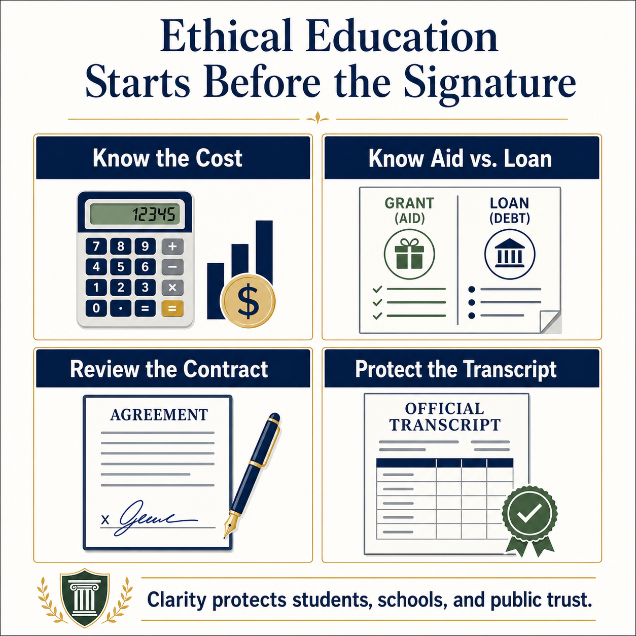 Infographic explaining that ethical education starts before the signature through cost clarity, aid versus loan clarity, contract review, and transcript protection.