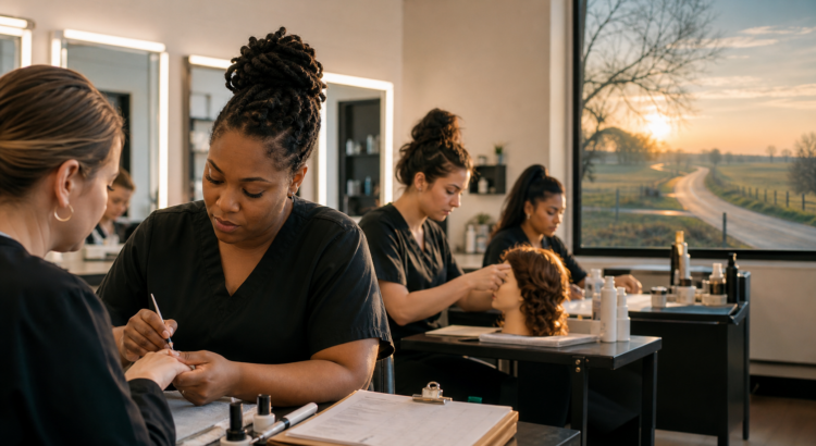Adult beauty students practice hands-on skills in a classroom with an attendance record nearby and a rural road visible at sunrise, symbolizing self-pay education, long commutes, and public-dollar transparency.