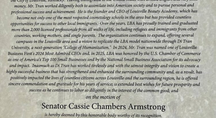 Kentucky Senate recognition honoring Di Tran on the motion of Senator Cassie Chambers Armstrong, dated July 13, 2026.