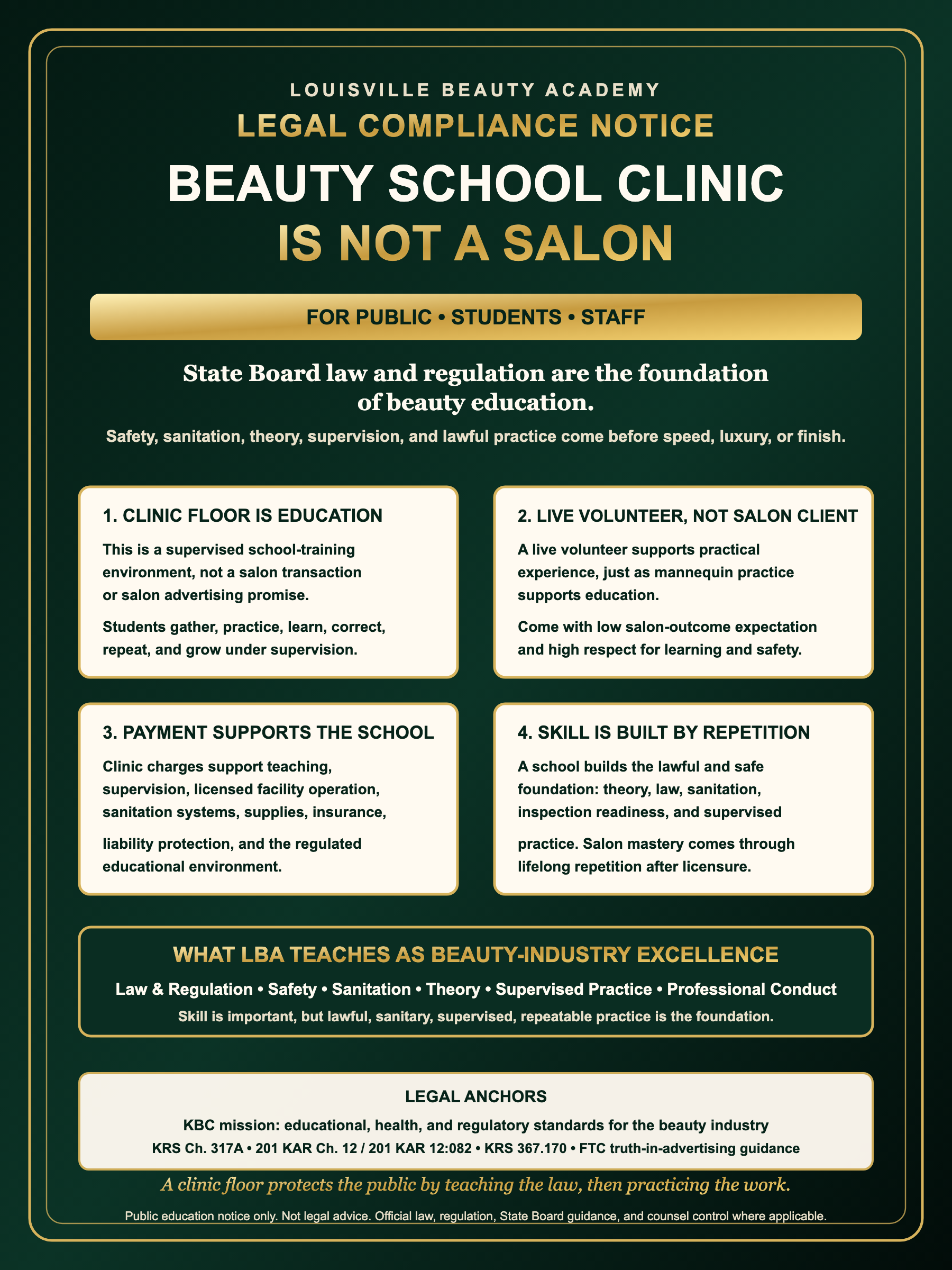 Louisville Beauty Academy legal compliance notice explaining that a beauty school clinic is not a salon and that State Board law, safety, sanitation, theory, supervision, and lawful practice come first.