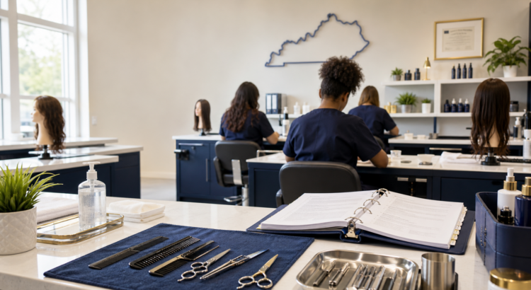 Clean Kentucky beauty education classroom with sanitized cosmetology tools, compliance binder, mannequin heads, and students training in a professional state-licensed setting.