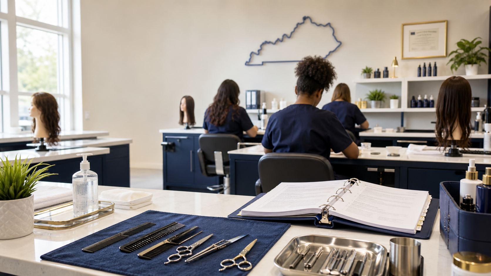 Clean Kentucky beauty education classroom with sanitized beauty tools and professional student training setting