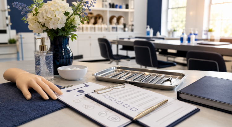 Clean beauty education classroom station with sanitation tools, a training hand, and blank compliance checklist representing supervised practice and student protection.