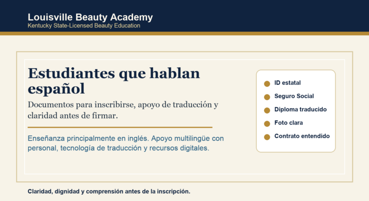 Guía en español de Louisville Beauty Academy sobre documentos de inscripción, apoyo de traducción y claridad antes de firmar.