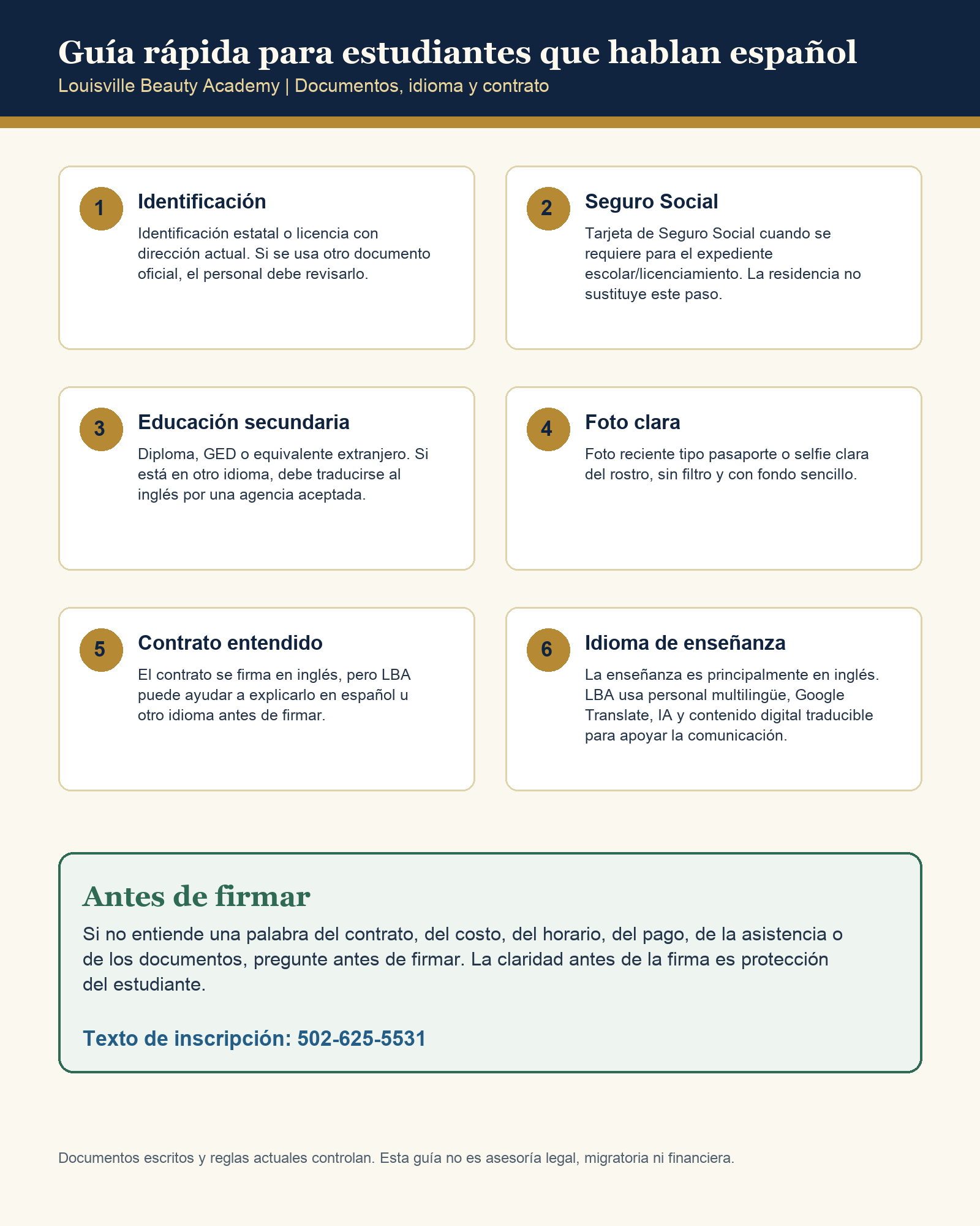 Infografía en español con seis pasos para estudiantes: identificación, Seguro Social, diploma traducido, foto clara, contrato entendido e idioma de enseñanza.