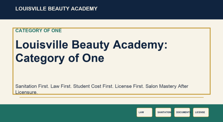 Institutional LBA visual for Louisville Beauty Academy: Category of One emphasizing sanitation, law, written clarity, licensing, and workforce dignity.