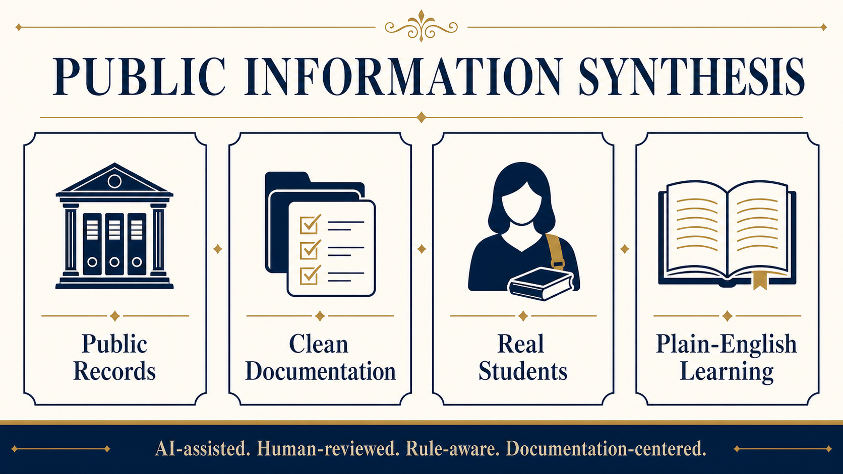 Public information synthesis framework with public records, clean documentation, real students, and plain-English learning pillars.