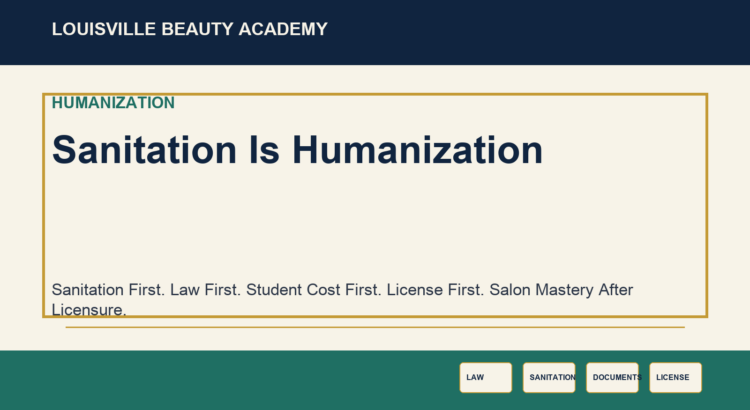 Institutional LBA visual for Sanitation Is Humanization emphasizing sanitation, law, written clarity, licensing, and workforce dignity.