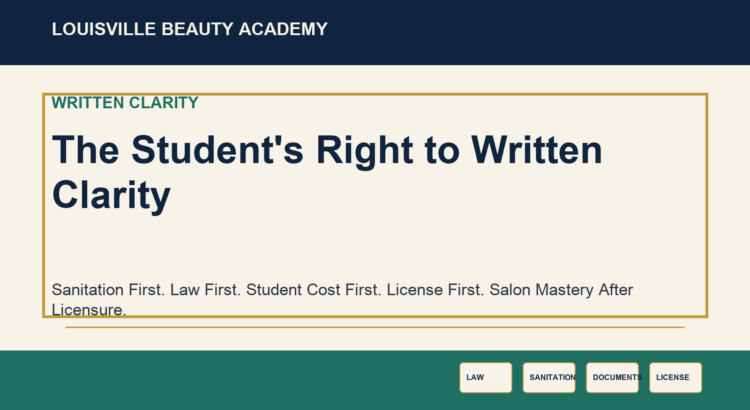 Institutional LBA visual for The Student's Right to Written Clarity emphasizing sanitation, law, written clarity, licensing, and workforce dignity.