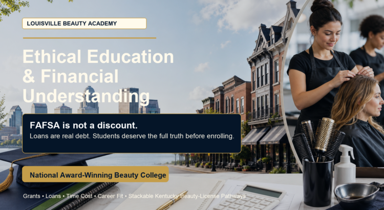 Louisville Beauty Academy featured image for an ethical education and financial understanding guide, with Louisville city background, financial clarity documents, and national award-winning beauty college positioning.
