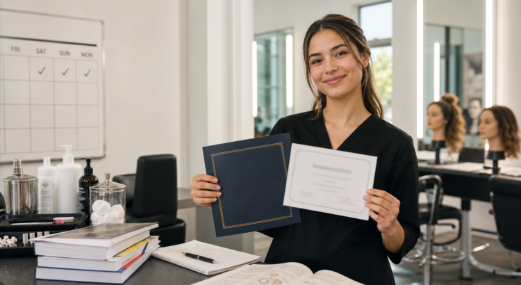 Louisville Beauty Academy graduate celebrating completion and Kentucky State Theory Exam readiness in a clean beauty education setting.