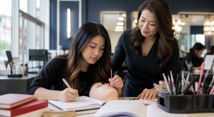 Chinese American adult beauty student studying Kentucky state licensing materials at Louisville Beauty Academy with professional mentorship in a clean classroom.