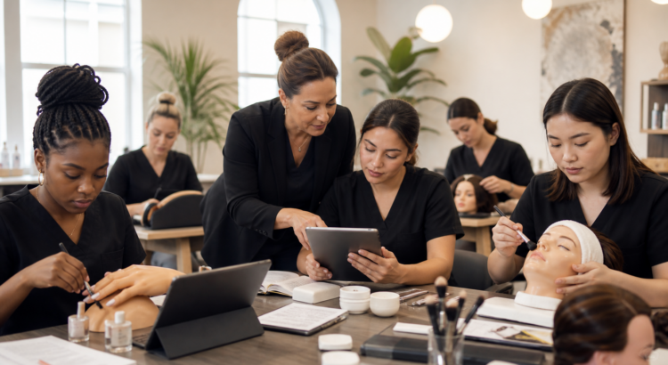Diverse Louisville Beauty Academy students receiving instructor guidance while studying onsite with beauty tools, mannequins, practical practice materials, and digital learning support.