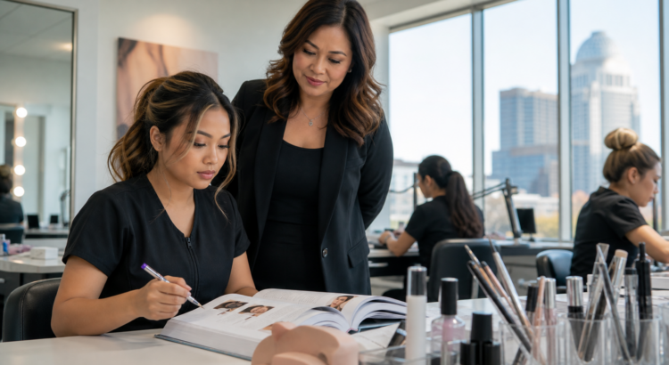 Cambodian American beauty student studying Kentucky state licensing materials at Louisville Beauty Academy with a professional instructor nearby.