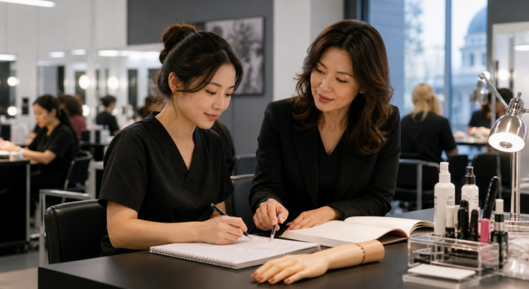Korean American adult beauty student studying Kentucky state licensing materials with professional mentorship in a clean Louisville Beauty Academy classroom.