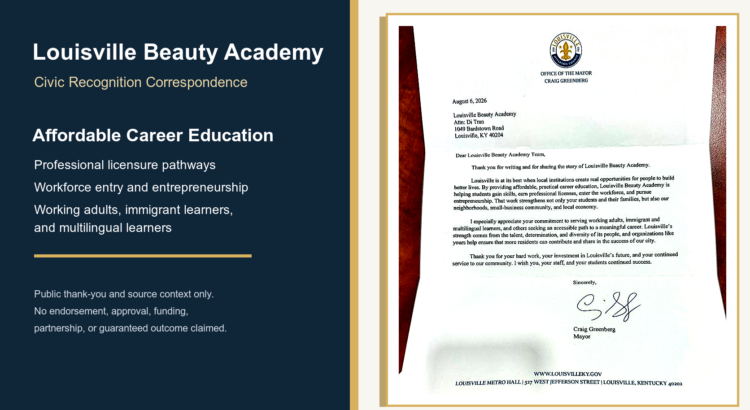 Featured editorial image for Louisville Beauty Academy showing the actual top portion of the August 6, 2026 Mayor Greenberg recognition letter with civic gratitude and claim-control framing.