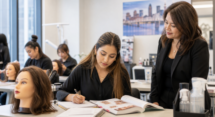 Nepali American adult beauty student studying Kentucky state licensing materials with a professional mentor in a clean Louisville Beauty Academy classroom.