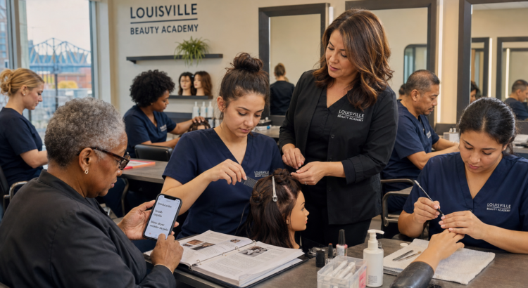 Diverse adult beauty students at Louisville Beauty Academy studying and practicing across age, language, commute, and family responsibilities.