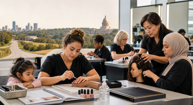 Adult beauty students and an instructor train in a professional classroom with Kentucky workforce and rural commute imagery, representing private occupational education as part of community-centered CTE.