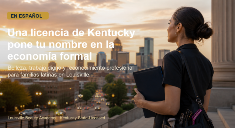 Profesional latina de belleza mirando hacia Louisville con el mensaje en español de que una licencia de Kentucky pone tu nombre en la economía formal.