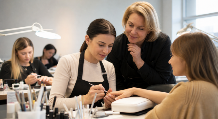 Ukrainian American adult beauty student learning professional manicure and Kentucky state licensing expectations with a mentor in a clean Louisville Beauty Academy classroom.