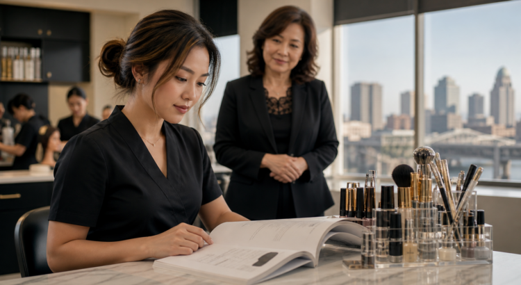 Vietnamese American beauty student studying state licensing material at Louisville Beauty Academy with a professional mentor nearby.